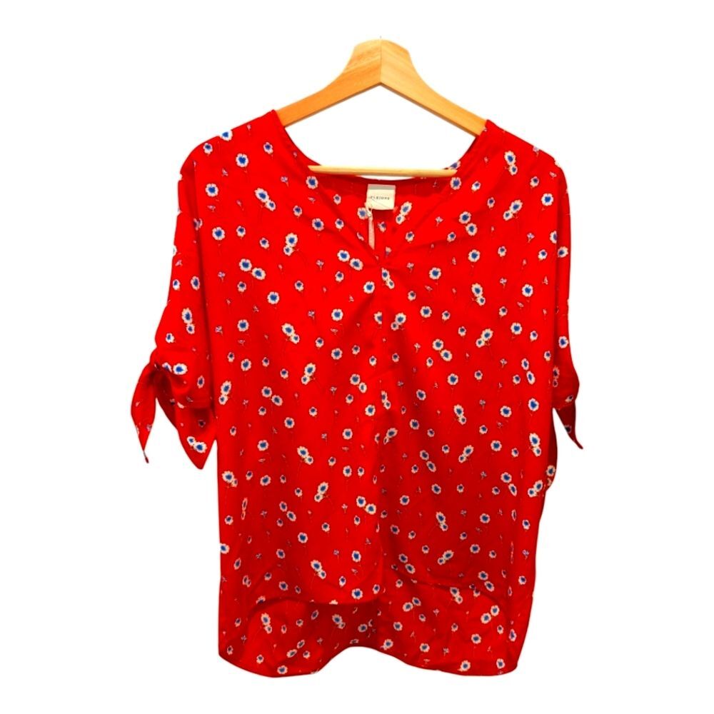 Pleione Anthropologie Red Daisy Print Top M Floral Blouse NWT Summer Cottagecore